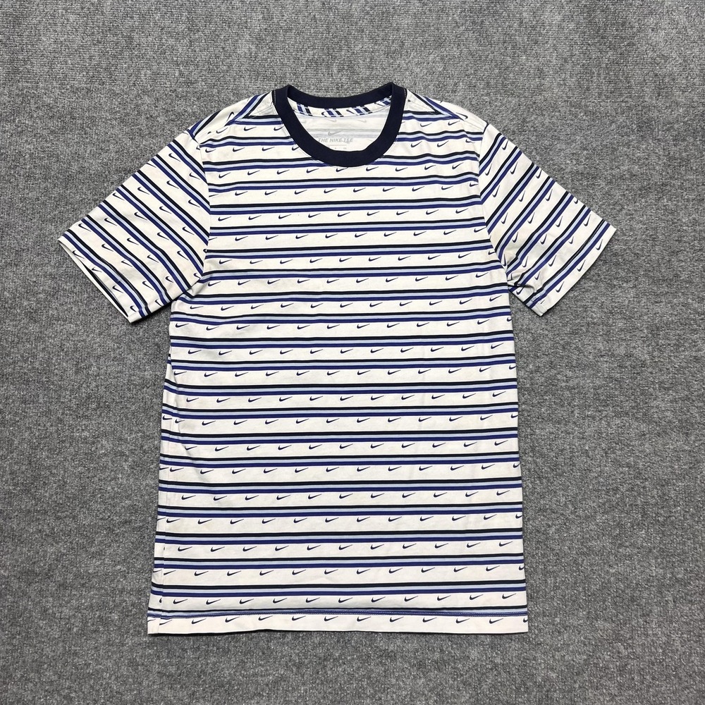 Nike Shirt Mens Small White Blue Stripe Swoosh Allover Graphic Tee CV9867-103
